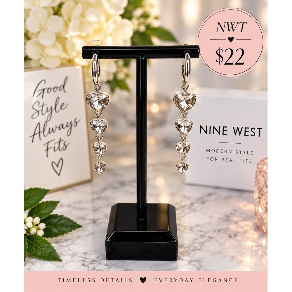 Nine West Silver Tone Graduated Crystal Heart Drop Linear Post Back Earrings NWT